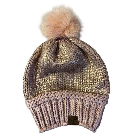 C. C. Exclusives Womens OS Knitted Tobaggan Pom Pom & Glove Set Pink Gold - Picture 3 of 7